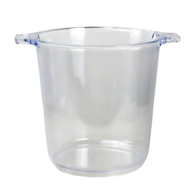 A clear plastic ice bucket with sturdy handles, featuring a smooth, translucent design.