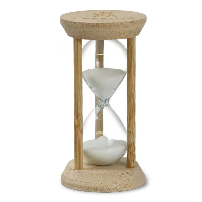 A bamboo hourglass with white sand, featuring a circular base and top, and a logo on the lid.