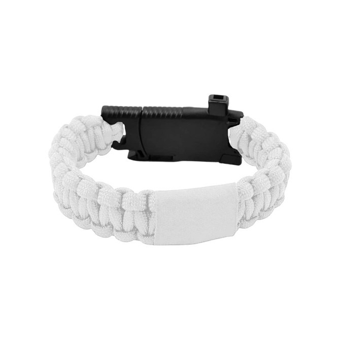 A white paracord survival bracelet with a black buckle and an attached blank section for customization.