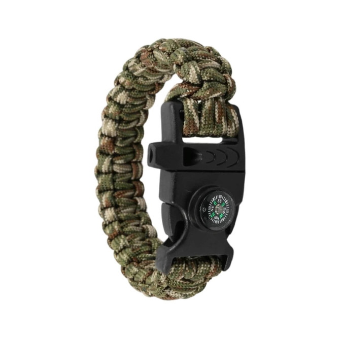 A green and brown paracord bracelet featuring a whistle and compass, designed for emergency survival situations.