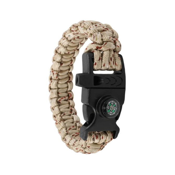A survival bracelet in tan and brown, featuring a buckle, compass, and paracord design. It has a logo on the buckle.
