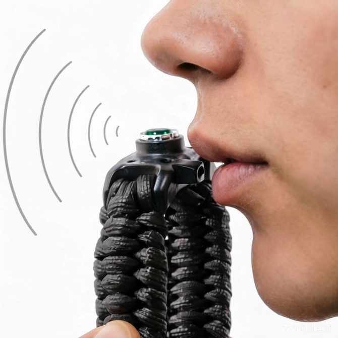 A black, textured survival bracelet featuring a whistle and compass, held near a person's mouth.