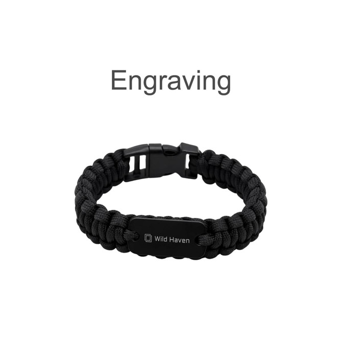 A black paracord bracelet featuring a metal plate and a clasp, suitable for custom engraving.