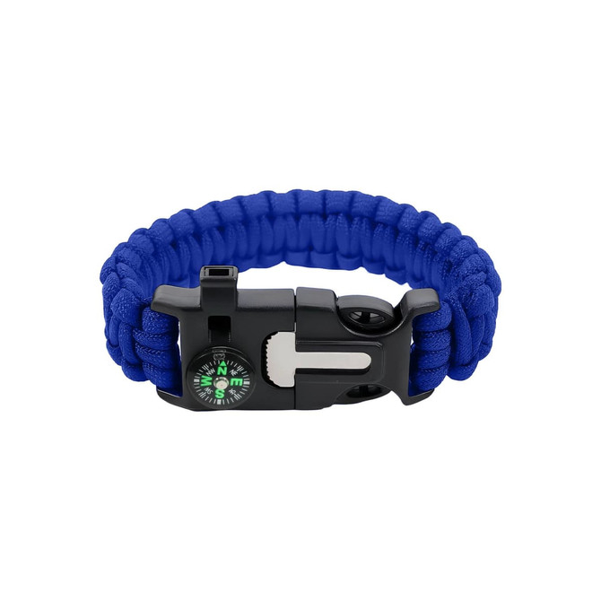 A blue survival bracelet featuring a compass and a secure clasp. The bracelet is made of durable paracord.