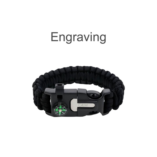 A black survival bracelet featuring a compass and buckle, made from durable woven material. It includes a logo.