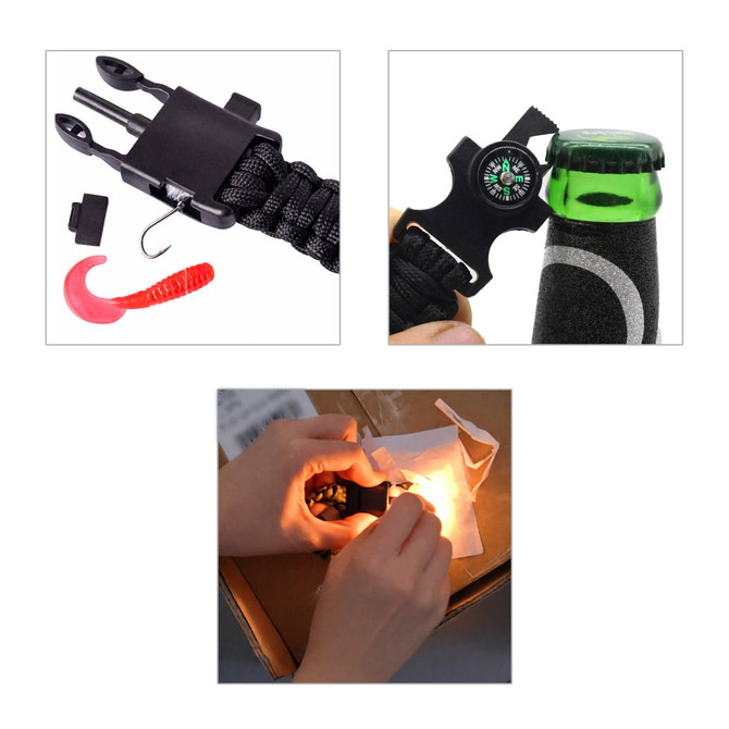 A black paracord survival bracelet with multiple features, including a compass, bottle opener, and tools.
