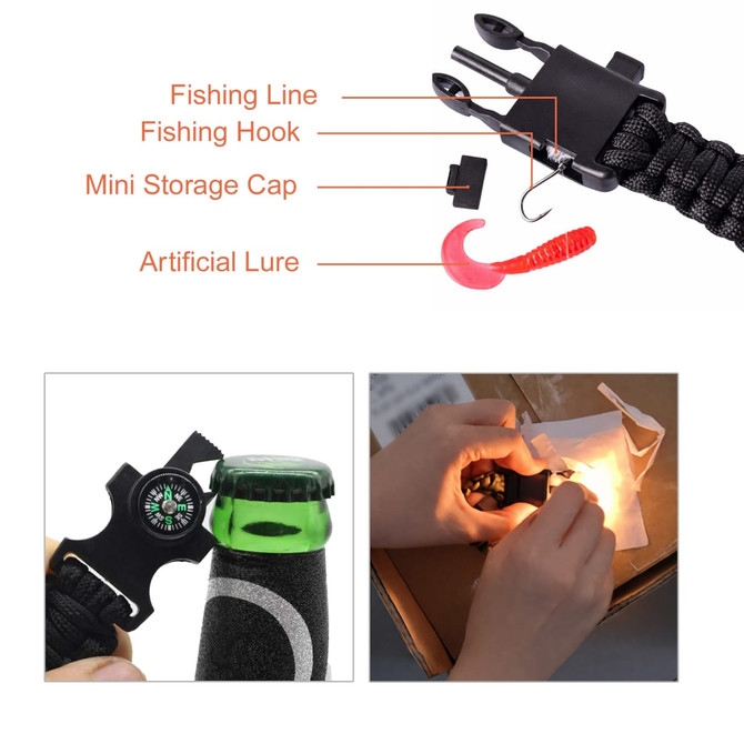 A black paracord survival bracelet featuring a compass, fishing line, hook, storage cap, and artificial lure.
