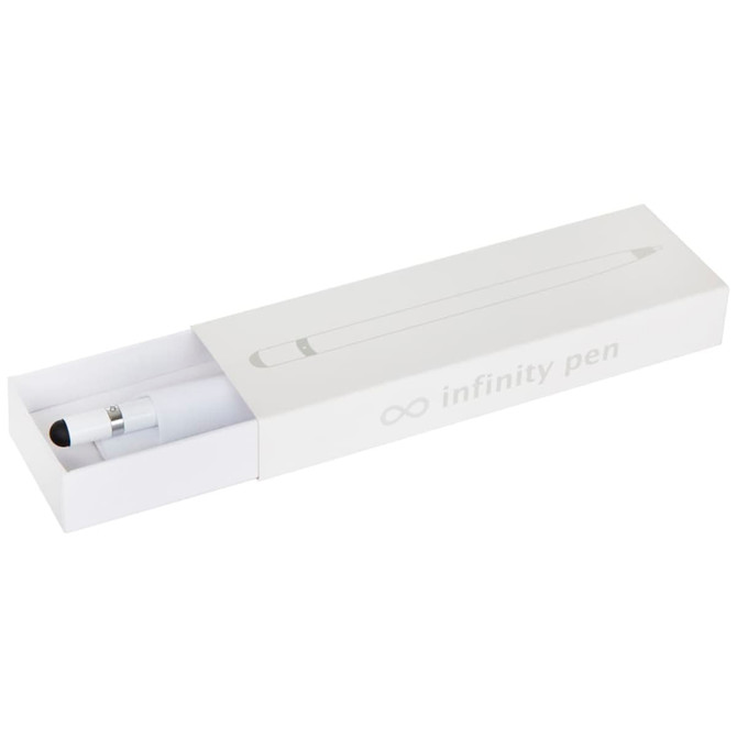 A metal pen in a white box labelled with a logo, featuring a sleek design and a minimalist aesthetic.