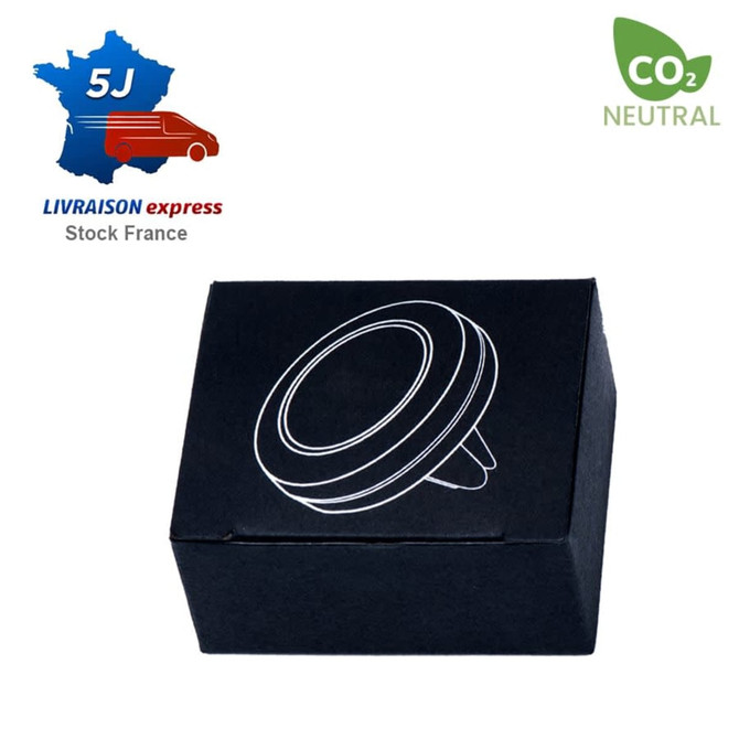A round black phone holder packaged in a dark box, featuring a simple illustration and a logo.