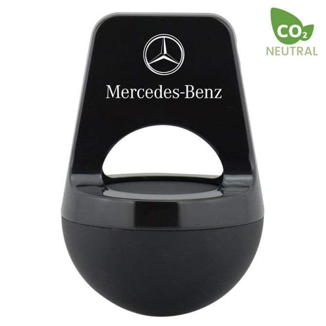 A black wireless speaker with a rounded base and a handle, featuring a logo on the front.