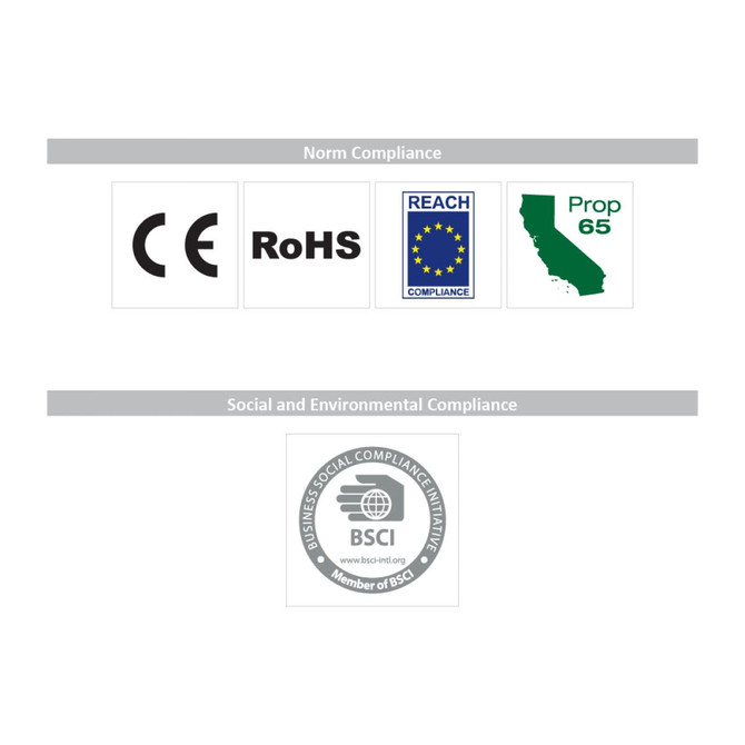 A collection of compliance logos including CE, RoHS, REACH, Prop 65, and BSCI initiatives displayed on a white background.