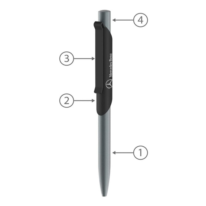 A sleek grey metal pen with a black clip and branding, designed for writing.