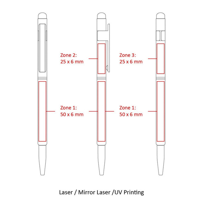 A diagram of metal Hex Pens featuring multiple printing zones and dimensions. The pen is primarily silver with red accents.
