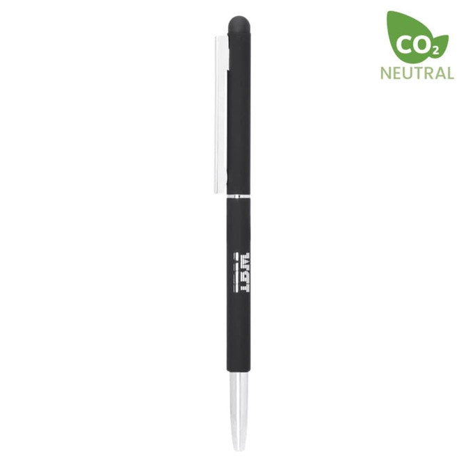 A black stylus pen with a silver clip and a rubber tip, featuring a logo on the barrel.