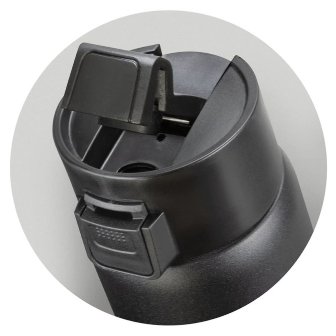 A drink bottle featuring a sleek black design with a flip lid and a built-in opening for sipping.