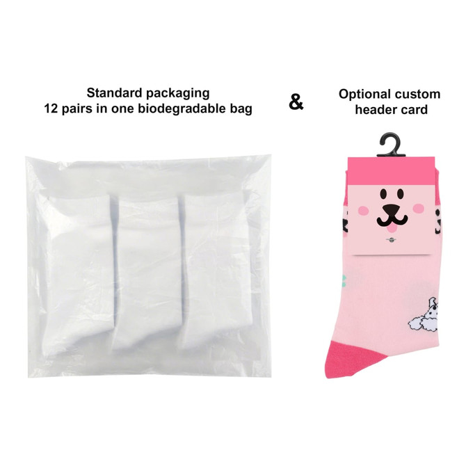 Custom patterned socks with ear shapes, featuring a pink design with a playful motif, packaged in a biodegradable bag.