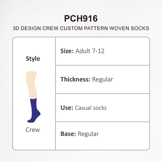 A pair of purple crew socks, designed with a custom pattern, presented with product details and a logo.