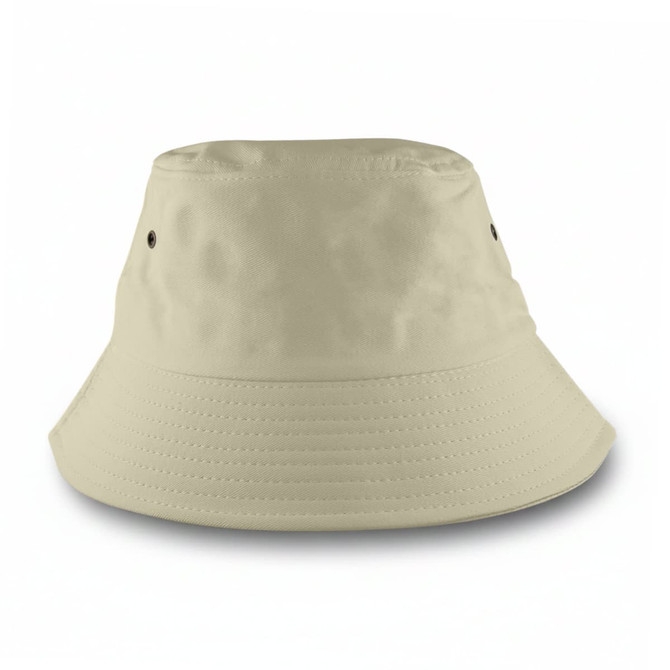A beige bucket hat with a rounded crown and wide brim, featuring air vents on the sides.