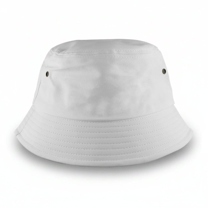 A white bucket hat featuring a simple, unembellished design and a small logo on the side.