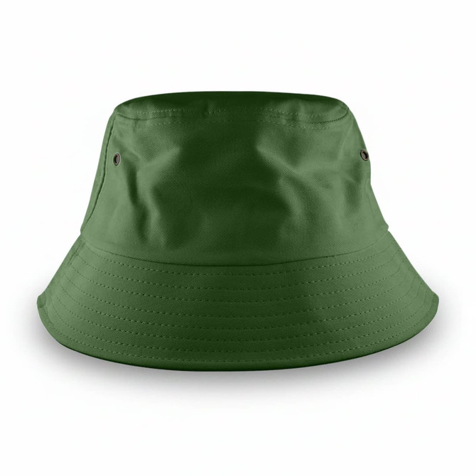A green bucket hat with a wide brim and ventilation eyelets, featuring a simple design and soft fabric.