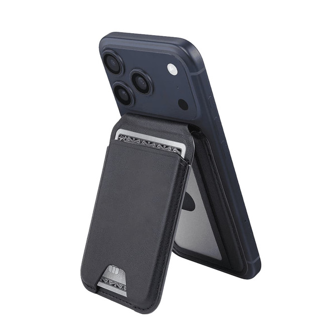 A magnetic wallet in black, attached to a navy phone, featuring a phone stand and storage for cards.