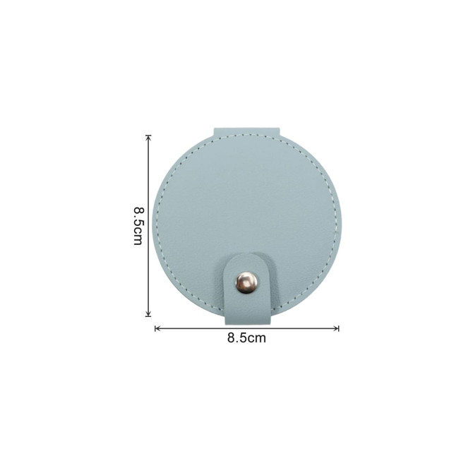 A round folding pocket mirror in light blue with a snap closure, measuring 8.5 cm in diameter. It features a logo.