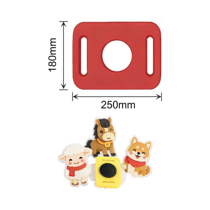 A red custom shoe charm holder with four assorted animal-themed charms, including a sheep, horse, dog, and a yellow piece.