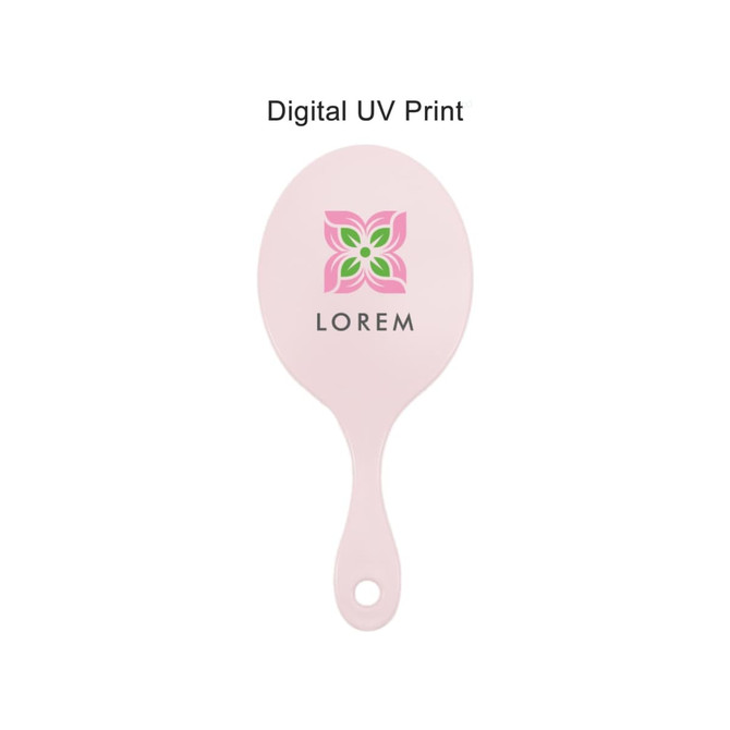 A pink handheld makeup mirror with a floral logo design in the centre.