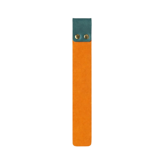An orange and teal custom PU bookmark featuring a hole with brass grommets at the top.
