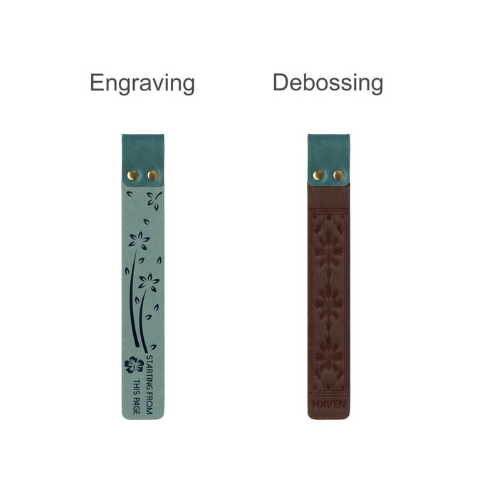 A custom PU bookmark featuring engraved and debossed designs in blue and brown colours, with decorative elements.