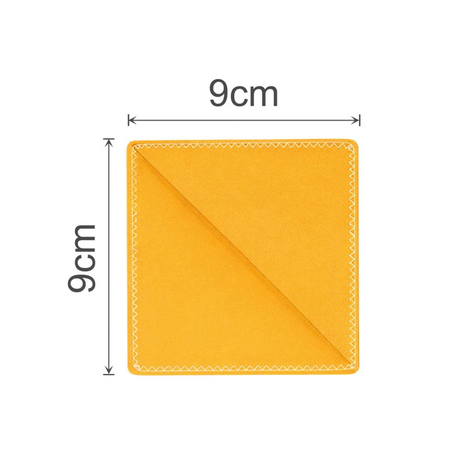 A square, yellow bookmark with a stitched edge, measuring 9cm by 9cm.