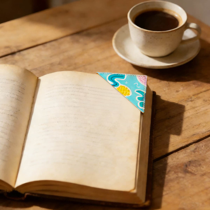 A colourful PU bookmark in a book, beside a cup of coffee on a saucer, set on a wooden table.