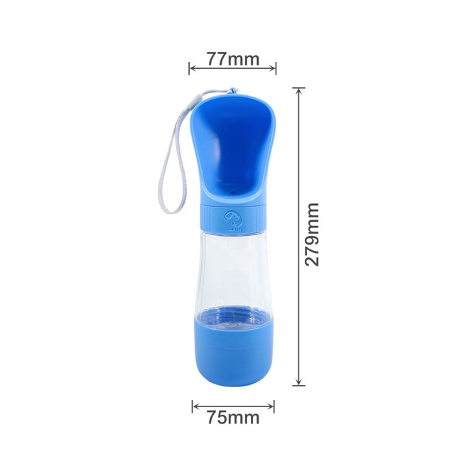 A drink bottle in blue featuring a detachable top section for food storage and a wrist strap for easy carrying.
