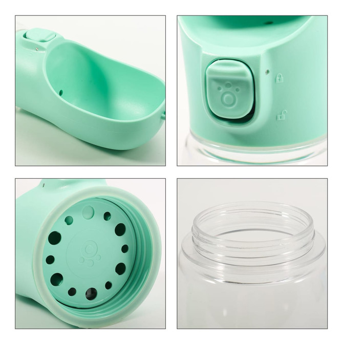 A drink bottle with a mint green hue and a clear water reservoir, featuring a button mechanism and drainage holes.