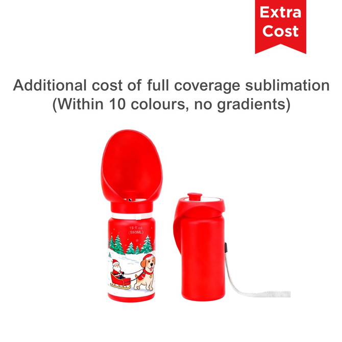 A drink bottle with a red design featuring a collapsible bowl lid, suitable for dogs, and includes a logo.