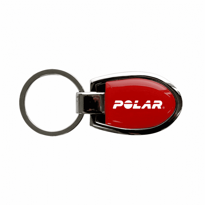 A red keychain with a silver metal keyring and a logo. The design is sleek and compact.