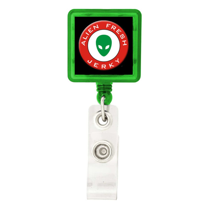 A green rectangle badge holder with a clear clip and a logo inside.