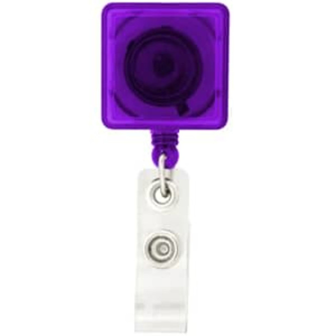 A purple rectangle badge holder with a clear clip and a round reel for easy attachment.