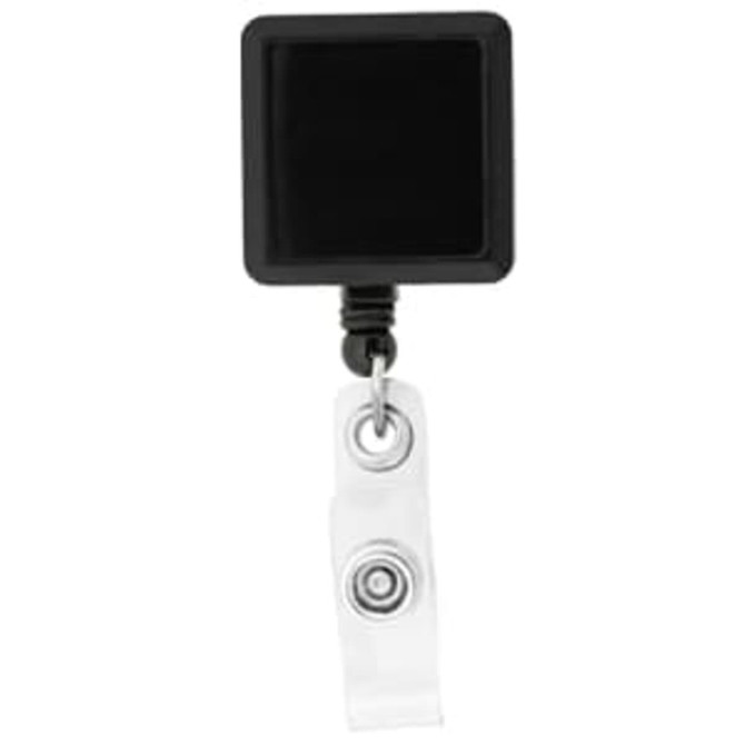 A black rectangle badge holder with a clear retractable clip. The design is simple and functional.