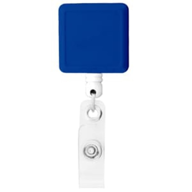 A blue rectangle badge holder with a clear retractable reel attachment for easy display.