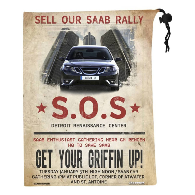 A promotional microfibre pouch featuring a car image and a drawstring closure in beige and black colours.
