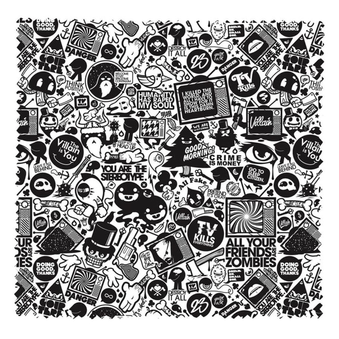 A medium microfibre cloth featuring a bold black and white comic-style design with various illustrations and patterns.