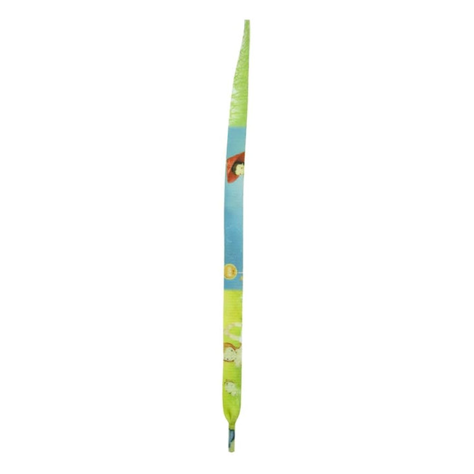 A pair of light blue and green shoe laces with a pattern featuring cartoon characters. The laces have a logo.