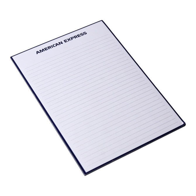 A5 notepad with a blue cover and lined pages, featuring a logo at the top. Contains 50 leaves.