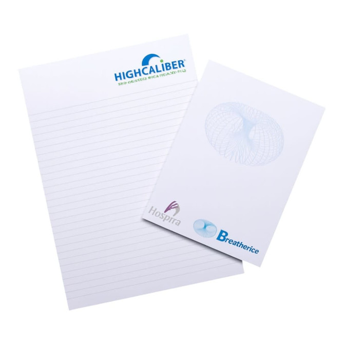 A4 notepad with 50 lined leaves, featuring a logo at the top and a light design on the front. White in colour.