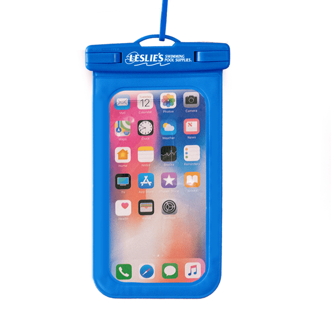 A blue waterproof phone pouch with a transparent front, featuring a logo on the top.