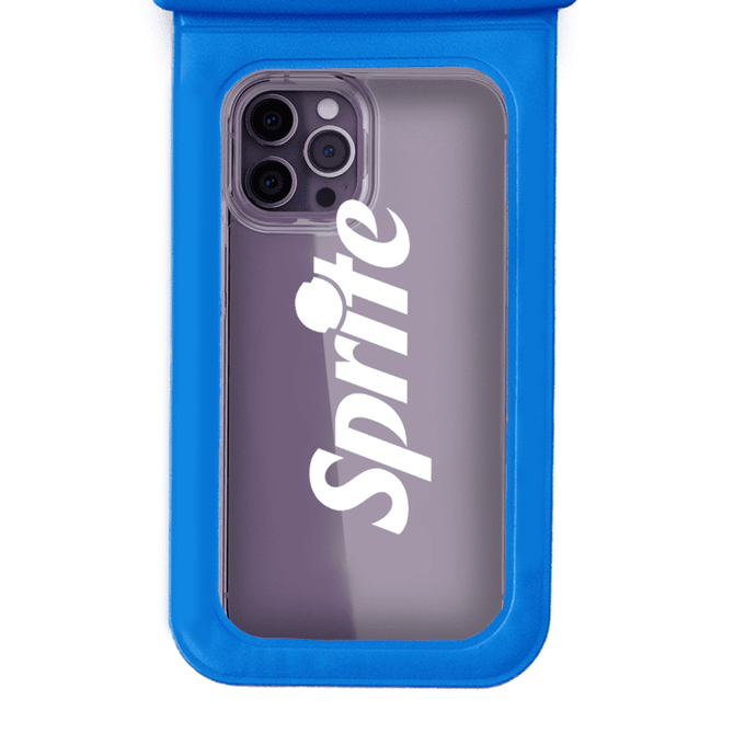 A waterproof phone pouch in bright blue, featuring a clear front and a logo on the visible phone case.