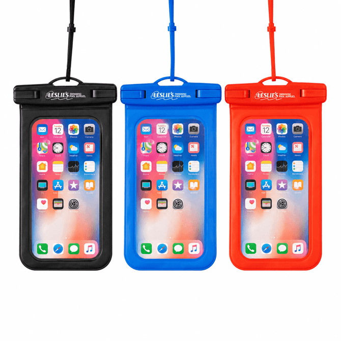 Three waterproof phone pouches in black, blue, and red, featuring a transparent front and a logo.