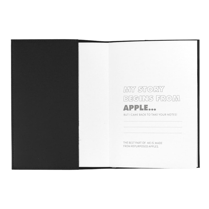 A Mela Apple Leather Refillable Journal with a black cover, featuring a white interior for notes and a branding logo.
