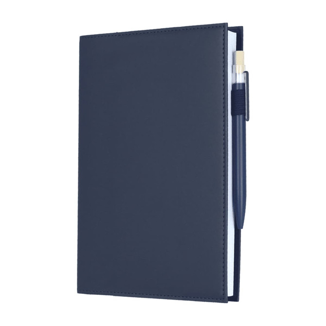 A navy blue refillable journal with a pen attached, featuring a smooth leather-like cover and plain pages inside.